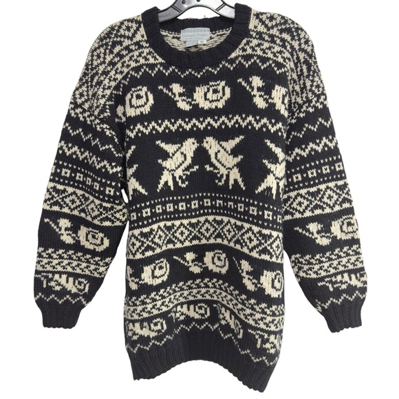 Vtg Nomadic Traders Blk & Cream Wool Sweater Birds Floral Fair Isle Peru HMade M - Picture 1 of 12